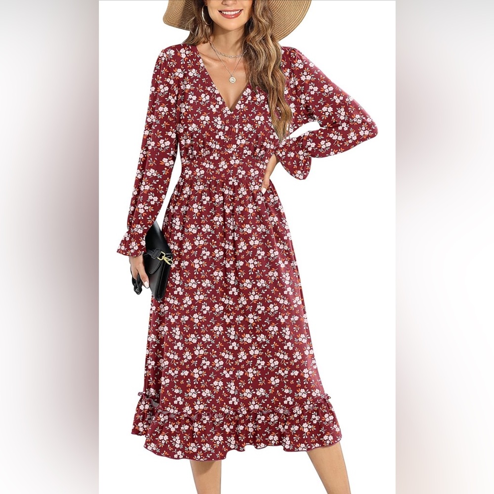 V Neck Long Sleeve Ruffle Hem Floral Print A Line Flowy Midi Dress